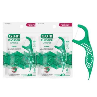 Imagem de Kit Fio Dental com Haste Flosser Gum Forquilha Verde Cabo Sabor Menta Acabamento Acetinado 80 Unidades