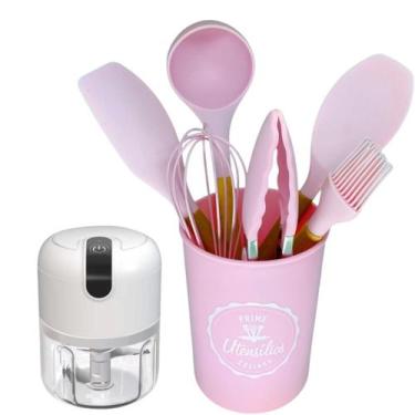 Imagem de Kit Cozinha 7 Peças Silicone Rosa Mini Processador Elétrico - Baccani