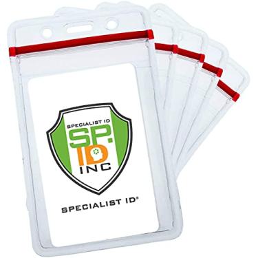Imagem de Pacote com 25 – Porta-crachá de vinil transparente resistente para crachás verticais – Ótimo para cartão de identificação de funcionários ou identificação de estudante – Mangas resistentes à água com parte superior vermelha resselável para vários cartões da Specialist ID