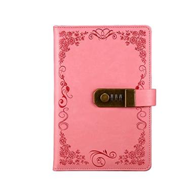 Imagem de Notebook retrô com cadeado de código 200 página a5 bonito diário estudante planejador agenda planejador de trabalho de escritório de negócios bloco de notas de couro, rosa, 4 peças