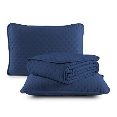 Imagem de Kit Cobre Leito Colcha Queen 3 Peças Matelado Dots Dupla Face 300 Fios Com Porta Travesseiro (Azul Marinho)