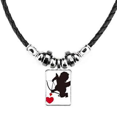 Imagem de DIYthinker Colar com estampa de coração de anjo do Cupido Amor Joia Torque Pingente de corda de couro