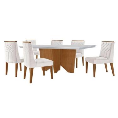Imagem de conjunto de mesa de jantar retangular com tampo de vidro off white e 6 cadeiras varsóvia veludo pérola e imbuia