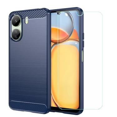 Imagem de FZZSZS Capa para Poco C65 + película protetora de vidro temperado, capa de TPU de silicone macio de fibra de carbono azul para Poco C65 (6,7 polegadas)