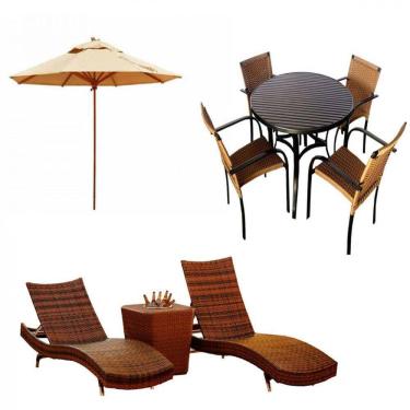 Imagem de Kit 4 Cadeiras e Mesa Ascoli, 2 Espreguiçadeiras Bona e Mesa com Ombrelone Piscina, Jardim, Área Trama