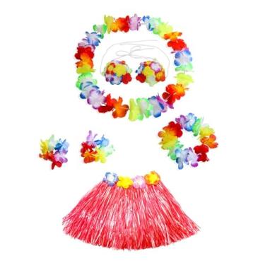 Imagem de Tachiuwa 5 peças saia havaiana flores pulseiras colar e faixa de cabeça acessórios de fantasia para carnaval, Comprimento da saia 30cm