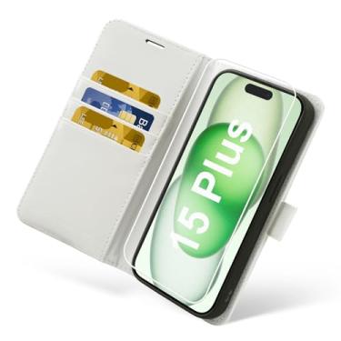 Imagem de MONASAY Capa carteira para iPhone 15 Plus 5G, [protetor de tela de vidro incluído] [bloqueio de RFID] Capa de celular de couro com suporte de cartão de crédito 6,7 polegadas Branco