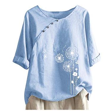 Imagem de Camiseta feminina de verão de algodão e linho casual floral manga curta leve gola redonda camiseta plus size, Ofertas relâmpago azul claro, 4G
