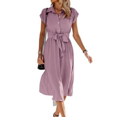 Imagem de Camisa Feminina Solid Batwing Sleeve Belted Dress (Color : Dusty Pink, Size : L)