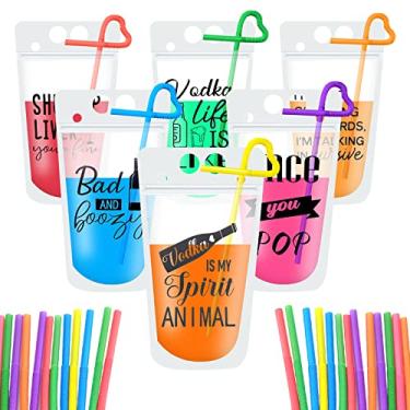 Imagem de 48pc Drink Pouches with Straws, Stand-Up Plastic Drink Pouches for Adults Bags with Zipper Party Beverage Bags Juice Pouches for Smoothie, Cold & Hot Drinks with 48 Drink Straws(48 Sets,6 Styles)