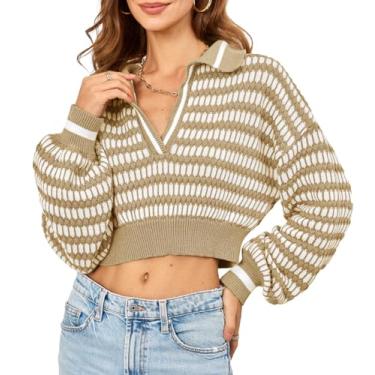Imagem de Saodimallsu Suéter feminino listrado com gola V, gola V, gola em malha, manga comprida, pulôver de algodão, Caqui, GG