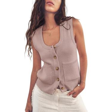 Imagem de Suéter feminino colete de verão com nervuras regatas sem mangas camisas de botão gola redonda para mulheres, Caqui, XX-Large