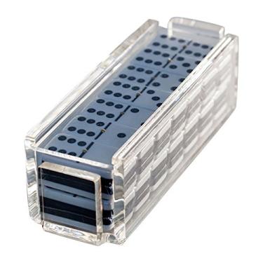 Imagem de Modern Double Six Jumbo Tiles Dominoes Set, Acrylic Box with Acrylic Lid, Professional Two Toned Black and White Dominoes, Brass Center Rivet, Made in USA (Clear)