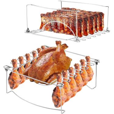 Imagem de Rack de costela 3 em 1 para defumar e suporte de perna de frango para grelha - Comporta 6 costelas grandes, 12 asas de perna de frango, 1 frango inteiro - Racks de costela de frango dobráveis premium