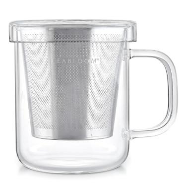 Imagem de Teabloom Caneca de vidro borossilicato premium com infusor de chá de folha solta de aço inoxidável e tampa/prato - 236 ml (240 ml)