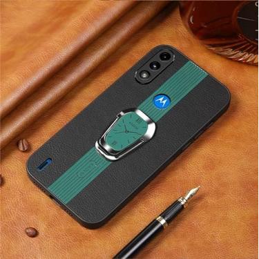 Imagem de Capa para Moto E7 Power Capinha Business Deluxe Leather Phone Soft Case com suporte magnético invisível para anel de dedo Capa para telefone em couro resistente a quedas - Verde