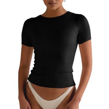 Imagem de Tankaneo Camisetas femininas slim fit com forro duplo de manga curta gola redonda elástica para treino, Preto, M