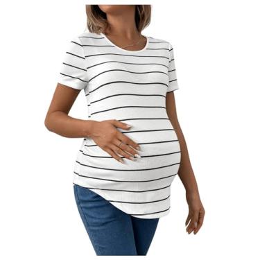 Imagem de RoseSeek Camisetas femininas listradas de manga curta para gestantes gola redonda assimétrica canelada para gravidez, Preto e branco, M