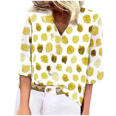 Imagem de Camiseta feminina de verão, estampa floral, gola V, manga 3/4, caimento solto, casual, moderna, túnica, Amarelo, P