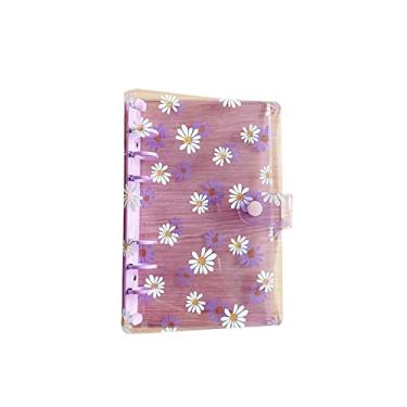 Imagem de A6 Capa de fichário transparente de PVC margarida com 6 furos, protetor de folhas soltas, anel redondo, fichário, agenda, caderno, pasta com fecho de botão de pressão, roxo