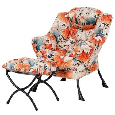 Imagem de Welnow Cadeira Preguiçosa Moderna com Apoio para os Pés, Ergonômica, Branca e Azul Laranja, Floral, para Sala de Estar e Relaxamento