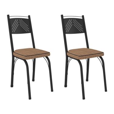 Imagem de Kit 2 Cadeiras De Cozinha Virginia Estampado Rattan Bege Pés De Ferro Preto