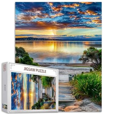 Imagem de Quebra-cabeças Seascape at Sunset 1000 peças para adultos, famílias (plantas tropicais, mar, escadas de madeira) peças se encaixam perfeitamente 40 x 70 cm Lanscape Performance Frameable Magic Puzzle