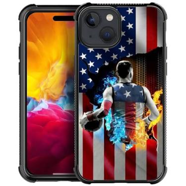 Imagem de DJSOK Capa compatível com iPhone 15 Plus, design padrão de bandeira americana de basquete gelo e fogo, capa para iPhone 15 Plus, para canto antiqueda e presente à prova de choque para homens e