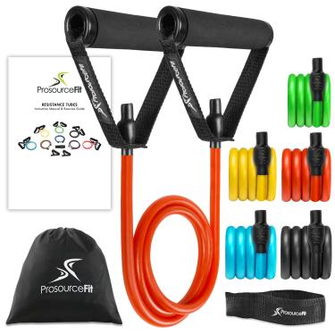 Imagem de ProsourceFit Conjunto de faixas de resistência de tubo de 9 a 9 kg com alças anexadas, âncora de porta e guia de exercícios, exercícios de corpo inteiro e exercícios em casa