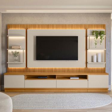 Imagem de Rack com Painel para TV Até 70 Polegadas 2 Portas 2 Gavetas Ripado com Led Off White Fosco 