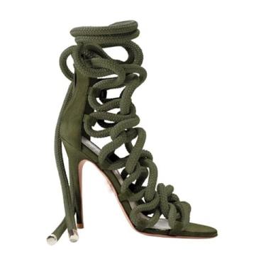 Imagem de UNWRBD Sandálias de 8 cm com tiras estilete de tamanho grande para verão de salto alto para banquetes e boates, verde, US6,5 EU38