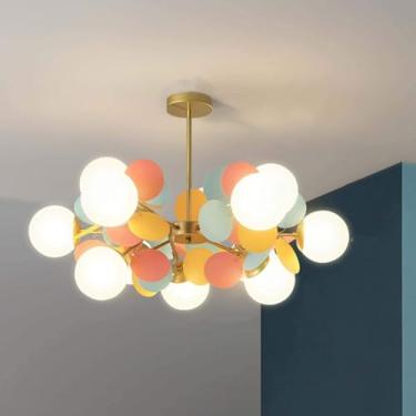 Imagem de WLHGSYX Lustre dourado Sputnik, lustre de 9 luzes de meados do século com sombra de vidro globo branco ajustável altura ajustável luminária pendente de metal para sala de estar