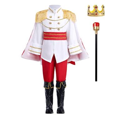 Imagem de Prince Charming Costume For Boys Kids Royal Prince Outfits Long Sleeve Jacket Pants Crown Belt Set Carnival Dress Up World Book Day Costume Birthday Party Role Play Clothes White(3pcs) 4-5 Years