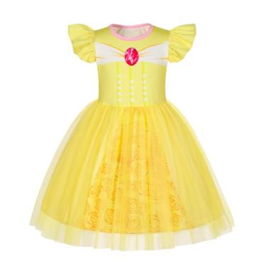 Imagem de HenzWorld Vestido de princesa para meninas, festas de aniversário, fantasias de Halloween para crianças, fantasias de princesa, vestido tutu de tule, Amarelo, 9-10 Anos