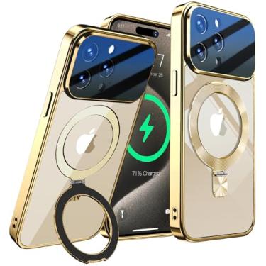 Imagem de [Proteção total da lente da câmera + anel de CD compatível com suporte MagSafe] Capa magnética para iPhone 15 Pro, proteção contra quedas de nível militar galvanizada, não amarela, capa transparente