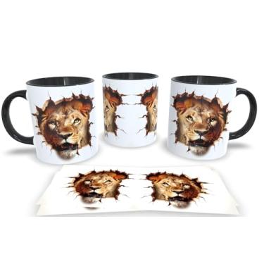 Imagem de Caneca Preta de Porcelana Personalizadas Arte Espelhada em 3D Animais (Leão 1)
