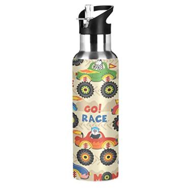 Imagem de Garrafa de água esportiva Monster Trucks Animals com tampa de canudo, garrafa térmica de parede dupla, garrafa térmica isolada a vácuo, garrafa de água de aço inoxidável para academia ao ar livre, 590 ml