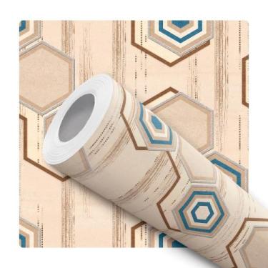 Imagem de Papel de Parede Adesivo Geométrico Hexágono Bege Azul Moderno Quarto S