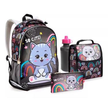 Imagem de Mochila Costas + Lancheira + Estojo + Garrafa Gatinho Preto - SEANITE