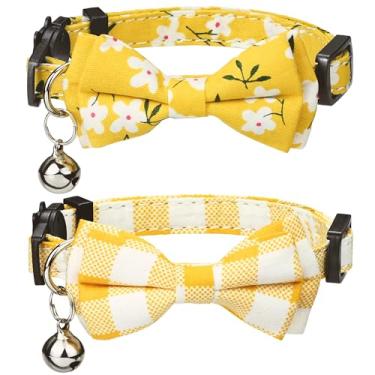 Imagem de G-ficu Pacote com 2 colares para gatos com lindo pingente de sino, colares xadrez de flores para meninas, meninos, gatos, gatinhos com fivela de segurança ajustável - amarelo