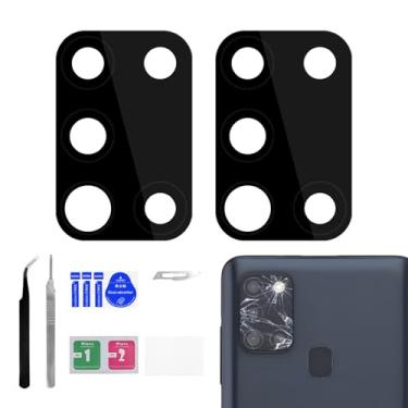 Imagem de BESJMYT Pacote com 2 lentes de reposição para câmera traseira Samsung Galaxy A21s Lentes de vidro adesivas para câmera traseira com kit de reparo de ferramenta de reparo de pinça pano de poeira para