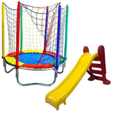Imagem de Cama Elástica Pula Pula Trampolim 1,40m Escorregador Médio 3 Degraus -