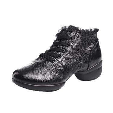 Imagem de ZHENSI Botas femininas de dança de couro Jazz Shoes de salto baixo com cadarço e sola dividida modernas, botas de dança latina, Preto, 34