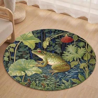 Imagem de Orlco Art Tapete de animais sapo de árvore da floresta, tapete de sapo William Morris, tapete redondo de 112 cm, tapete redondo lavável, antiderrapante, sem pilhas, para quarto de bebê, tapete cinza