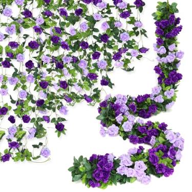 Imagem de Floweroyal Pacote com 6 guirlandas de flores artificiais de 2,5 m, trepadeiras de rosas falsas, flores de seda, hera rosa para decoração de parede de casamento em arco e festa de jardim (roxo)