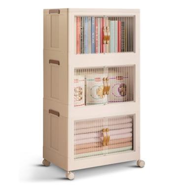 Imagem de STORAGEBUD Caixotes de armazenamento empilháveis de plástico de 3 camadas com tampa e rodas de 360°, 35 litros - Caixas de armazenamento dobráveis para escritório doméstico, armário de armazenamento