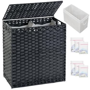 Imagem de SETVSON Cesto de roupa suja com tampa, cesto de roupa de vime, 112 L, cestos de lavanderia, tecido à mão, cesto de roupas de vime com alças, 3 sacos de forro removíveis, 6 sacos de malha para banheiro