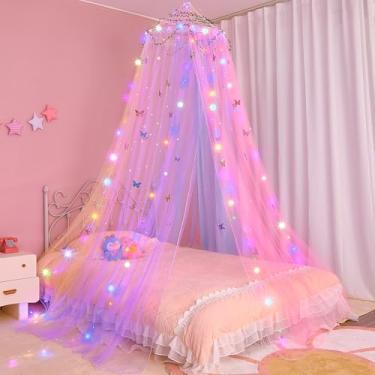 Imagem de FIOBEE Dossel De Cama Para Quarto De Meninas Cortinas De Dossel De Cama Com Luzes De Led Mosquiteiro Diy Decoração De Quarto De Princesa Com Estrelas Borboletas Para Quarto De Crianças, Arco-Íris