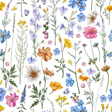Imagem de VaryPaper Papel de parede floral brilhante de 44 x 192 cm, papel de parede floral brilhante, margarida, flores silvestres, autoadesivo, papel de contato floral, para paredes, prateleiras, papel de