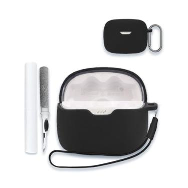 Imagem de Capa para JBL Tune 245NC intra-auriculares TWS sem fio, capa protetora de silicone macio, portátil, resistente a arranhões, com kit de limpeza, mosquetão e cordão para JBL Tune 245NC, preta